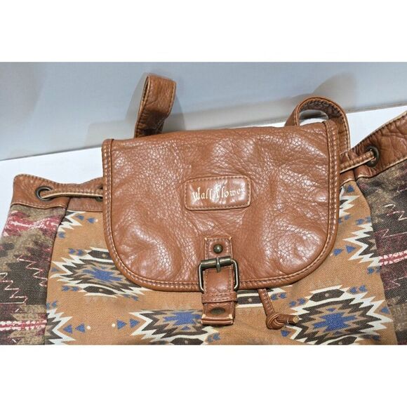 Vintage Wall Flower Womens Brown Faux Leather & Aztec Canvas Backpack W Buckles - Picture 3 of 11